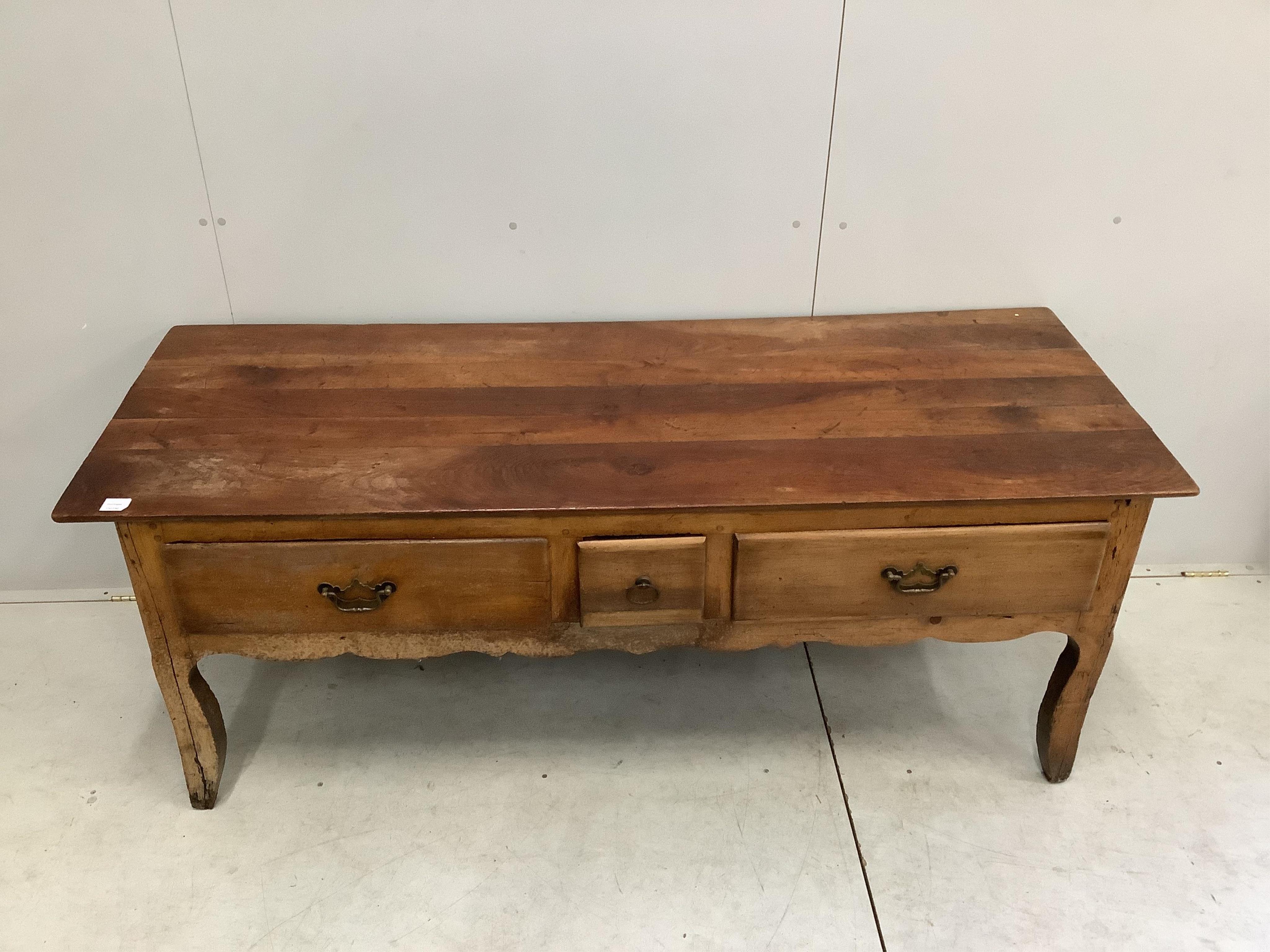 A 19th century French three drawer serving table, width 181cm, depth 70cm, height 70cm. Condition - poor to fair